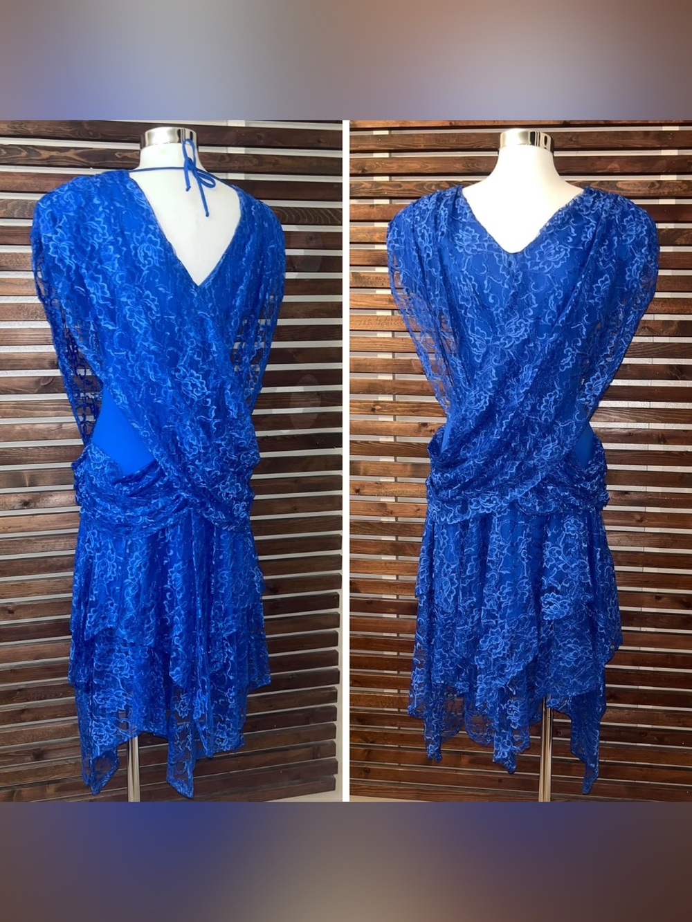 1980s 80s Vintage Blue Draped Lace Disco Sleeveless Midi Dress w/ Shoulder Pads